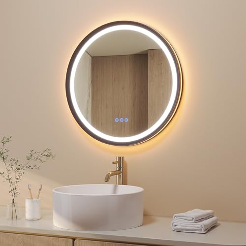 AQUABATOS Badspiegel mit Beleuchtung Rund 60 cm Aluminiumrahmen Schrägdesign schwarz matt direkte und indirekte LED-Beleuchtung Antibeschlag Touch Schalter dimmbar mit Wandschalterfunktion