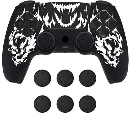 PlayVital Coque Manette Compatible avec ps5 Station de Charge,Housse Étui en Silicone pour ps5 Grip Antidérapant avec 6 Capuchon Joystick & Autocollant-Blanc,Sculpture Crâne de Feu