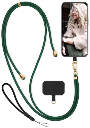 moex Unleash für iPhone Air Handyband zum Umhängen ohne Hülle, Handykette Universal mit Karabiner, Handy Band abnehmbar, Kette mit Pad für Handyhülle, Grün, Gold