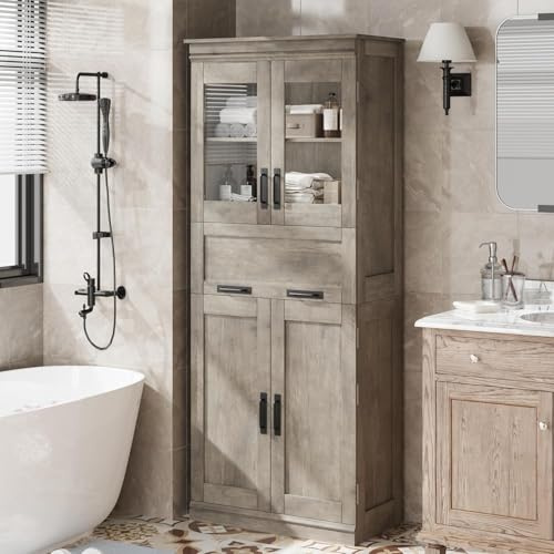 Garvee Meuble De Rangement Autoportant pour Salle De Bain De 170 Cm De Haut – 4 Portes, Tiroir avec Façade en Verre, étagères Réglables, Le Salon Et La Salle De Bain