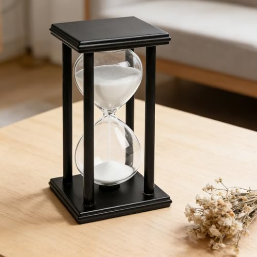 Sanduhr Timer 60 Minuten, 20x10cm Dekorative Sanduhr mit Schwarzer Holzrahmen, Große Sanduhrs aus Holz, Hourglass Timer Sand Timer für Geschenke Küche Haus Büro Schreibtisch(Weiß Sand)