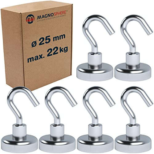 Magnethaken Extra Stark 22 kg Starke Neodym Magnet mit Haken Hakenmagnete Magnetische Haken Ø 25 mm für Küche Camping Grill Dekor Büro Lager Werkstatt Montage Kreuzfahrt - 6 Stück