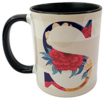 The Supreme Gift Company Personalised Beige Stripe Floral Initial Ceramic Mug