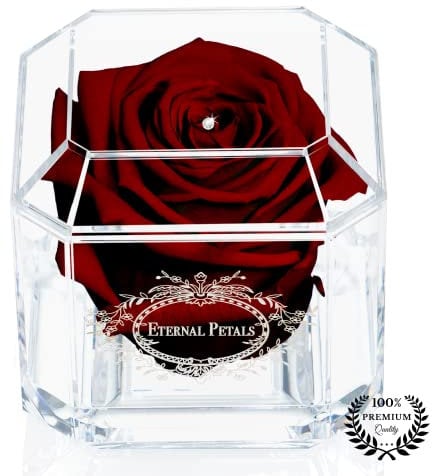 A 100% Real Rose That Lasts Years - Eternal Petals, Handmade in UK – White Gold Solo with A Clear Crystal (Burgundy)