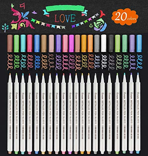 Funnasting Metallic Marker Pens, 20 Colors Glitter Art Pens Set for Card Making, Photo Album, Scrapbook, DIY Art Crafts, Stone, Plastic Wood