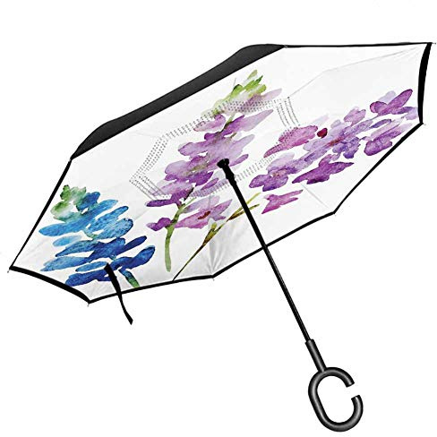 Anyangeight Flamingo umgekehrte Regenschirme, umgekehrter faltbarer Regenschirm, Flamingo, Vogel, tropische Blumen, Früchte, Ananas, Vintage-Stil, Kunstwerk mit C-förmigem Griff, Gelb, Grün, Blassrosa