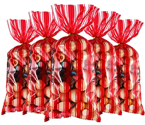 Blulu 100 Stücke Kunststoff Zirkus Karneval Party Treat Taschen Rot und Weiß Streifen Gedruckt Klar Zellophan Karneval Party Cookie Süßigkeiten Goody Treat Taschen mit 100 Gold Drehung Krawatten