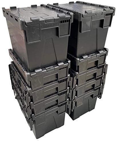 Loadhog Heavy Duty 100% Recycled Plastic 25 Litre Attached Lidded Container Storage Box Totes (L 400 x W 300 x H 305 mm) Black - Pack of 10