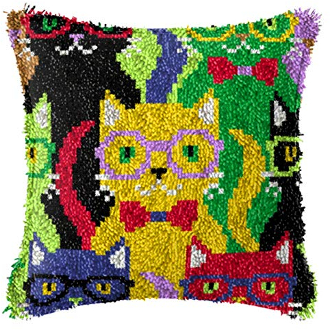 SKTWOE DIY Knüpfteppich Knüpfkissen Katze Latch Hook Kits Knüpfteppich Für Kinder Und Erwachsene Unvollendete quadratische Kissenbezüge mit bedruckter Leinwand 43cmx43cm,A