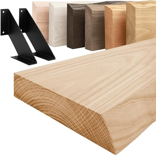 LAMO Manufaktur Holzregal mit schwarzen V-förmigen Halterungen | Wand Regal 140 cm breit für Badezimmer, Flur, Küche im Industrial-Stil | Farbe: Natur, Kante: natürlich | Massivholz, Vintage-Charakter