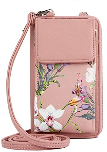 irisaa Kleine Handy Umhängetasche, Geldbörse Damen Brieftasche RFID Schutz Crossbody Handytasche Reisepass mit Kartenfächern und Verstellbarem Schultergurt, Damen Tasche:Pink Blumen
