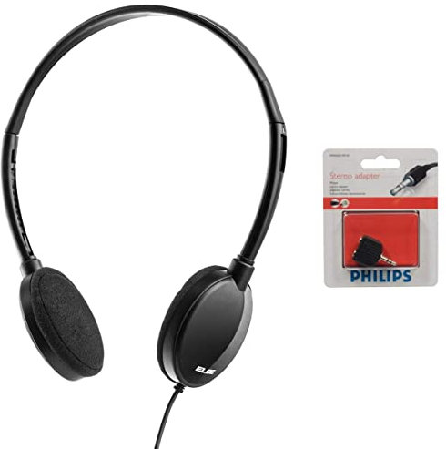 Elbe Au-889-Tv Auricular Diadema Especial TV, Giratorio con Control De Volument, Diadema Ajustable + Philips Swa2551W - Adaptador Estéreo 2/1 para Auriculares, Negro