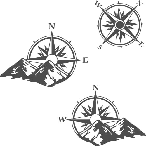 Set mit 2 Aufklebern in Windrosa mit Bergen + 1 Windrose 20 cm (dunkelgrau, glänzend)