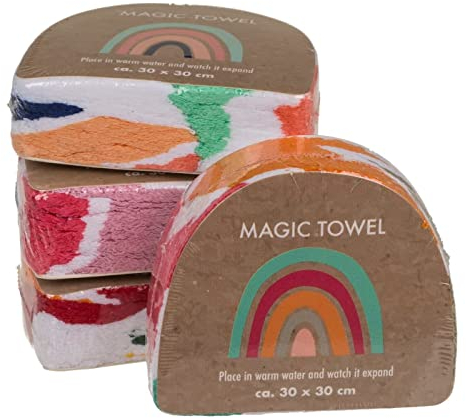 Magisches Baumwoll-Handtuch Zaubertuch Regenbogen 4er-Set für Kinder 30 x 30 cm Mitgebsel Geschenkidee Kindergeburtstag Geschenk Reisen 100% Baumwolle