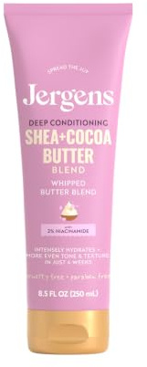 Jergens Shea and Cocoa Whipped Body Butter Lotion, Tone Enriching Hand And Body Lotion for Dry Skin, with Vitamins B3 & E, 8.5 Oz