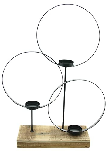 FRANK FLECHTWAREN Windlicht Kreise, Mattschwarz lackierte Metallringe, 3 herausnehmbare Glaseinsätze, Stabiler Sockel aus recyceltem Holz, Maße: 35 x 9 x 47 cm, Glas Ø 5 x 6 cm