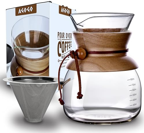 AGOGO Pour Over Glass Coffee Maker Dripper with Metal Filters Carafe High Capacity 800-1000ml (800ml)