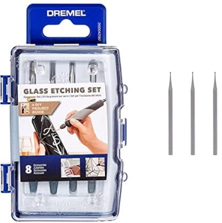 Dremel 682 Coffret Kit d’Accessoires de Gravure sur Verre Incluant 8 Accessoires Multi-Usage pour le Travail du Verre pour Outils Rotatifs & 105 Lot de 3 Fraises à Graver, Bout Rond, Ø 0,8mm