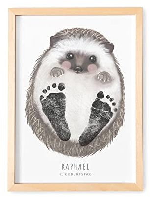 DEL MÀ Unique & Personal Baby Fußabdruck Bild Mit Rahmen Personalisiertes Tier Poster Für Babyzimmer Kinderzimmer (OHNE FARBE) (Igel, DIN A3 | Fußlänge 9-16cm | Alter 6 Mon. - 4 Jahre)