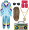 FOVER 80er Jahre Outfit Herren Damen Kostüm Trainingsanzug Pop Art Retro Stil Kostüm Accessoires set mit Aufblasbares Radio Sonnenbrille Halskette Schweißband für Mottoparty Fasching Blau 09XL