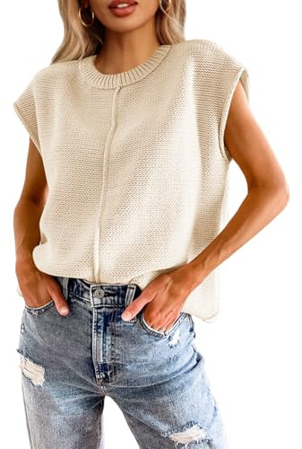 Saodimallsu Women's Crew Neck Knit Sweater Vest Summer Cute Cap Sleeve Lightweight Pullover Top Apricot