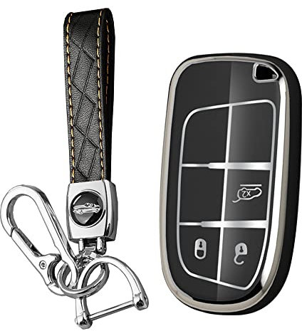 KUNIO Schlüsselhülle Passt für Jeep Renegade Compass Grand Cherokee für Chrysler 300C Dodge Dart Passt für FIAT 500X Schlüsselhülle TPU Autoschlüssel Hülle Schlüsselanhänger 3 Tasten A Schwarz