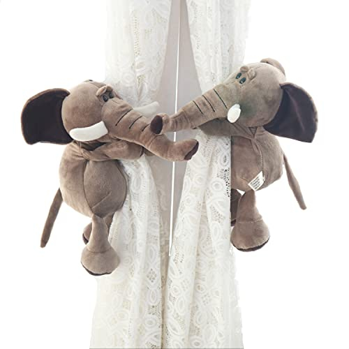 ED-Lumos 2Pcs Elefant Vorhänge Raffhalter Tiere ausgestopft Cartoon Vorhang Ringe mit elastischen Knopf für Kinder Schlafzimmer Dekoration