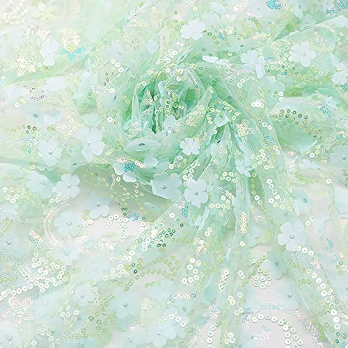 130cmx1 Yard Bestickter 3D-Pailletten-Blumen-Mesh-Stoff, Tüll Stoff Hochzeit Geburtstag Weihnachten Fest Kommunion Party Deko,Nähen von Brautschleiern Hochzeitskleid Tischläufer Tutu Röcken,Hellgrün