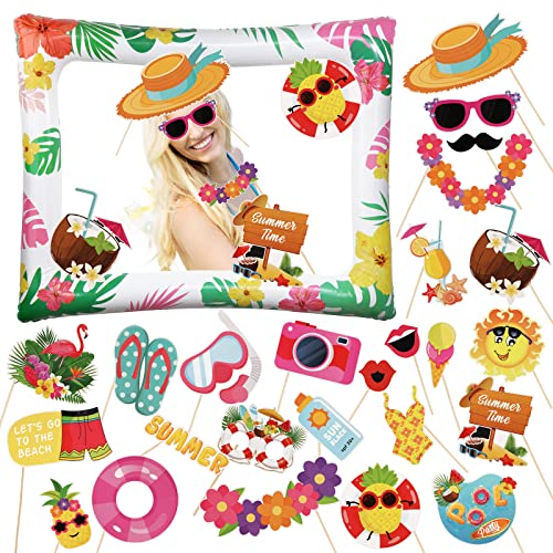 26Pz Photo Booth Hawaii Cornice Gonfiabile per Selfie Photo Props Hawaii Gadget Accessori Hawaiani Puntelli Foto Decorazione Hawaiana Festa Luau Spiaggia Piscina Estate Luau Fai da Te (A)