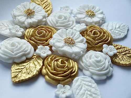 21x Gold White Roses Leaves Cake Toppers, Edible Gold Wedding Anniversary Cake Decorations, Sugar flowers Birthday Cupcake Toppers