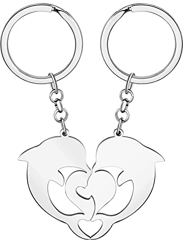 DALANE Edelstahl Paare Herz Delphin Schlüsselanhänger Ozean Tiere Schmuck für Frauen Mädchen Valentinstag Geschenke Auto Schlüsselring (Versilbert)