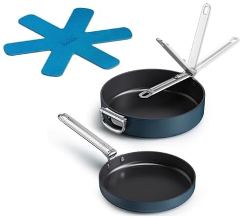 Joseph Joseph Space Ensemble de poêles à frire antiadhésives 2 pièces avec poignées pliantes, protecteur de poêle en feutre, compatible avec l'induction