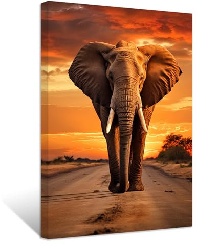 ZXHYWYM Elefanten Leinwandbilder afrikanische Wildtier Gemälde Drucke Sonnenuntergang Waldelefanten Bilder Büro Wanddekoration Gerahmt (Bild-2, (60.00 x 90.00 cms))