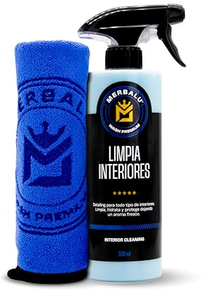 Merbalu Limpia salpicaderos Coche Limpia Interiores Protector e hidratante Limpieza para Todo el Interior del vehículo Anti Polvo 500ml. Bayeta de Microfibra incluida.