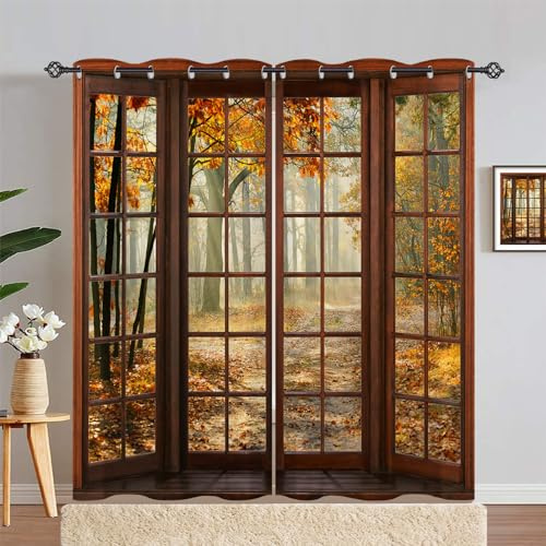 ANHOPE Herbst Wald Baum Holzfenster Vorhänge mit Ösen Blickdichte Gardinen Blackout Curtain Thermo Vorhang Weich Schlafzimmer Wohnzimmer Verdunklungsvorhänge 2er Set H 183 x B 140 cm