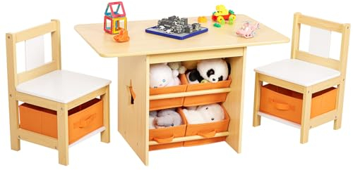 Yorbay Tavolo per Bambini con 2 Sedie, Tavolino con 6 Scatole Portaoggetti, Set di Sedie per Cameretta dei Bambini in età Prescolare, Mobili (Naturale)