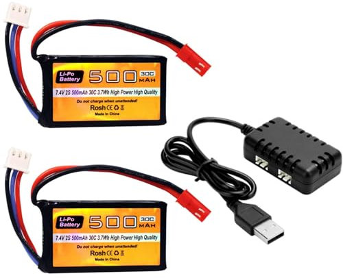 2PCS 7.4V 500mAh 30C avec Prise JST-2P Batterie et 1 Chargeur 2 en 1 pour hélicoptère télécommandé Quad-axe Pilote de Course Mini Drone Voiture à Distance, Camion Batterie