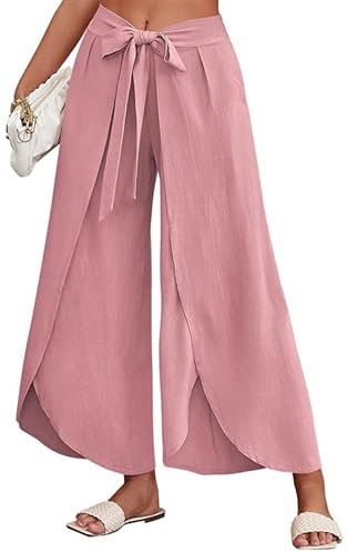 Reyox Donna Pantaloni Larghi in Cotone Lino Estivi Pantaloni Palazzo Rosa XXS