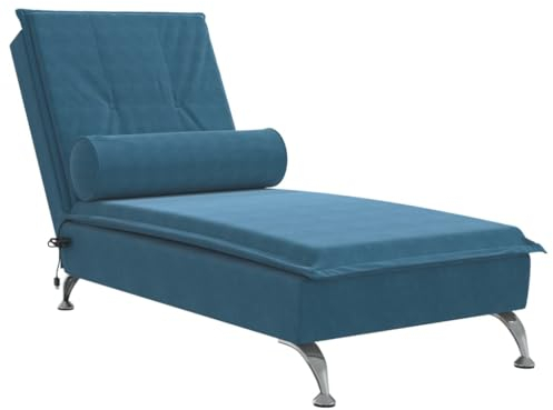 vidaXL Massage Chaiselongue mit Nackenrolle, Liegesessel mit Sperrholzlatten Metallbeine, Relaxliege für Wohnzimmer, Liegestuhl, Blau Samt