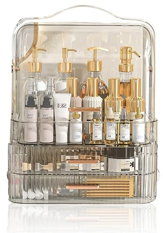 Organizador Maquillaje Múltiples Funciones Caja Maquillaje Beauty Organizer con Cajones Soporte Almacenamiento Cosmeticos de Plástico Makeup Skincare Expositor con Asa y Tapa Transparente