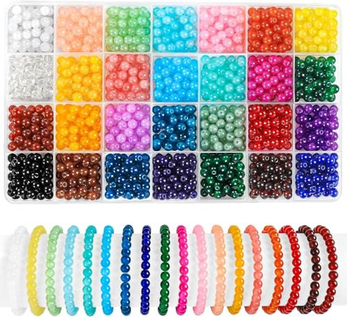 DTYDECLE 840 Stück 6mm Bunte Glasperlen zum Basteln, 28 Farben runde Bunte Basteln Perlen Schmucksteine mit Loch für die Herstellung von Schmuck Armbänder DIY Handwerk