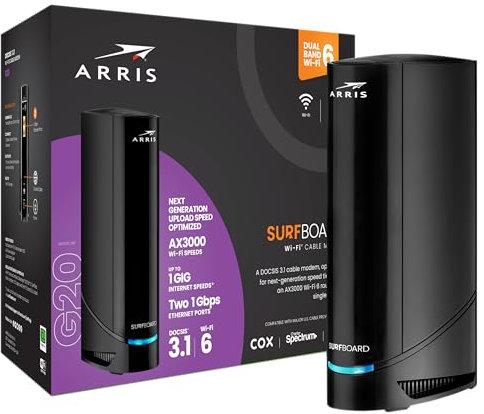 ARRIS G20 - Combo de routeur de Modem de câble - Fast DOCSIS 3.1 Multi-Gigabit WiFi 6 (AX3000), approuvé pour Comcast Xfinity, Cox, Spectrum et Plus, Vitesses maximales de 1,2 Gbps, Vitesse de