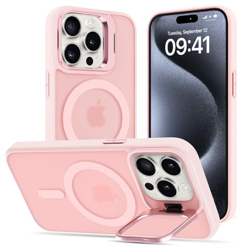 Cover Cavalletto per iPhone 15 Pro Max, Compatibile con MagSafe, Magnetica Custodia con Supporto per Fotocamera Regolabile Integrato Traslucida Opaca Antiurto Protettiva Resistente Case, Rosa