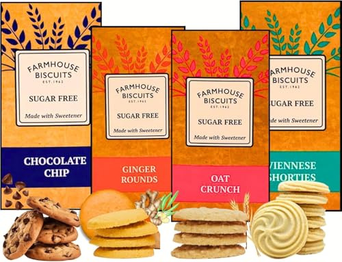 Farmhouse Sugar Free Biscuits For Diabetics Multipack Selection Box - Viennese Shorties, Ginger Cookies, Choc Chip Cookies, Oat Crunch Cookies | Ideal for Weight Loss (Pack of 2 (4Mix Flavours))