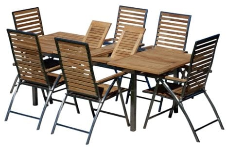 ALEOS. Gartengarnitur Edelstahl Teak Set: Ausziehtisch 160 auf 220 cm + 6 Teak-Edelstahl Hochlehner, Sitzgruppe A-Grade Teak Holz - Gartenmöbel Set 6 Personen Gastronomie Qualität