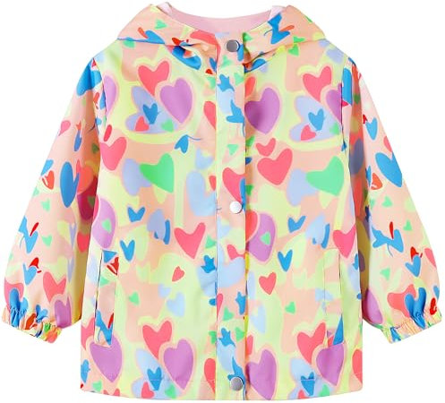 Domueay Giacca Impermeabile Bambina Giacca Antipioggia Antivento con Cappuccio Primaverile Autunno Giubbotto Cerniera Leggera Traspirante Cappotto Softshell Ragazza 7-8 Anni, Rosa e Bianco