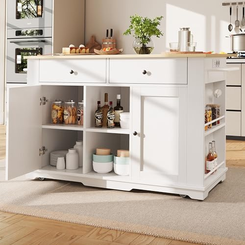 Carrello da cucina, a isola con credenza pieghevole, piano di lavoro in venature di rovere, con ciabatta attrezzata per cucina e casa (bianco, 151,5 x 84,7 x 91,7 cm)