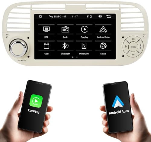 Autoradio per Fiat 500S/500C/500 (2007-2015) Supporto wireless/cablato Carplay e Android Auto, supporto radio AM/FM/RDS/USB, autoradio touch screen HD da 7 pollici,Autoradio con regolazione EQ