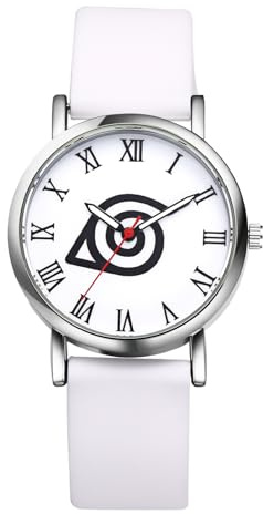 JewelryWe Damenuhr Kinderuhr Anime Uhr: Cartoon Naruto Konohagakure Symbol Analog Quarz Armbanduhr Damen Kinder Weiß Silikonarmband Ultradünne Uhr mit römischen Ziffern Geschenk für Anime-Fans