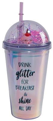 SHAKE CUP GLOSSY - Gobelet réutilisable avec couvercle et paille - Double paroi - Bouchon à vis hermétique - Pour eau minérale, fruits et jus. En verre, tasse. Un cadeau pour tous les enfants.
